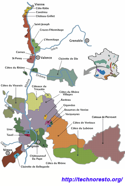 carte des régions viticoles de la Vallée du Rhone